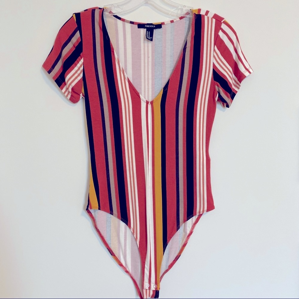 💛 Striped multicolor bodysuit - salmon, brown, yellow, white with v neck